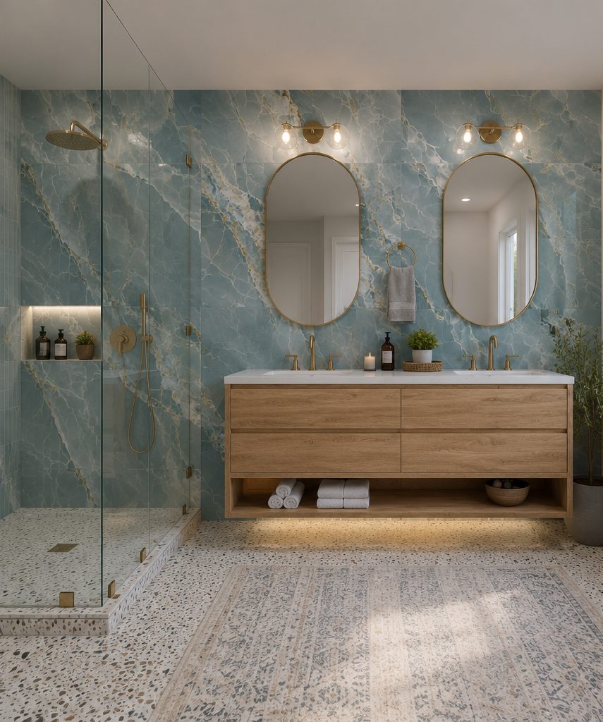 BATHROOMS — blue marble bathroom 3D rendering
