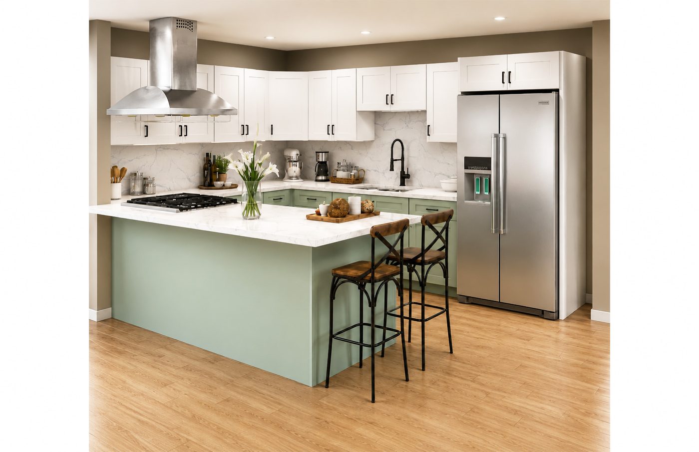 KITCHEN RENOVATIONS — sage green and white kitchen 3D rendering