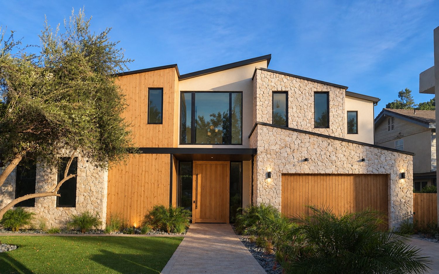 PRIVET RESIDENCE ENCINO — modern two-story home with wood and stone facade