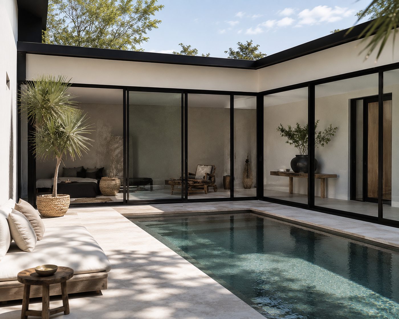 CUSTOM REMODEL + ADDITION ONTARIO — courtyard pool with floor-to-ceiling glass